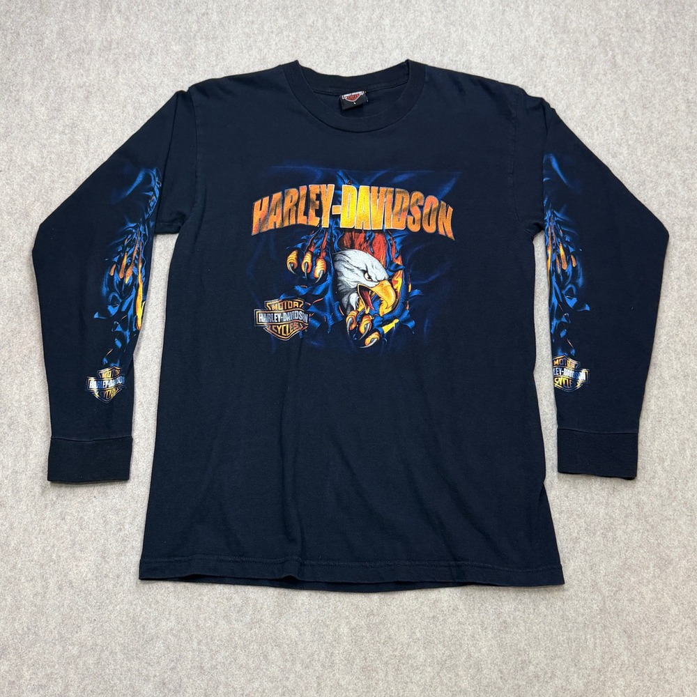 Vintage Harley-Davidson T-Shirt Men Large Black Eagle Flames Biker Americana 90s